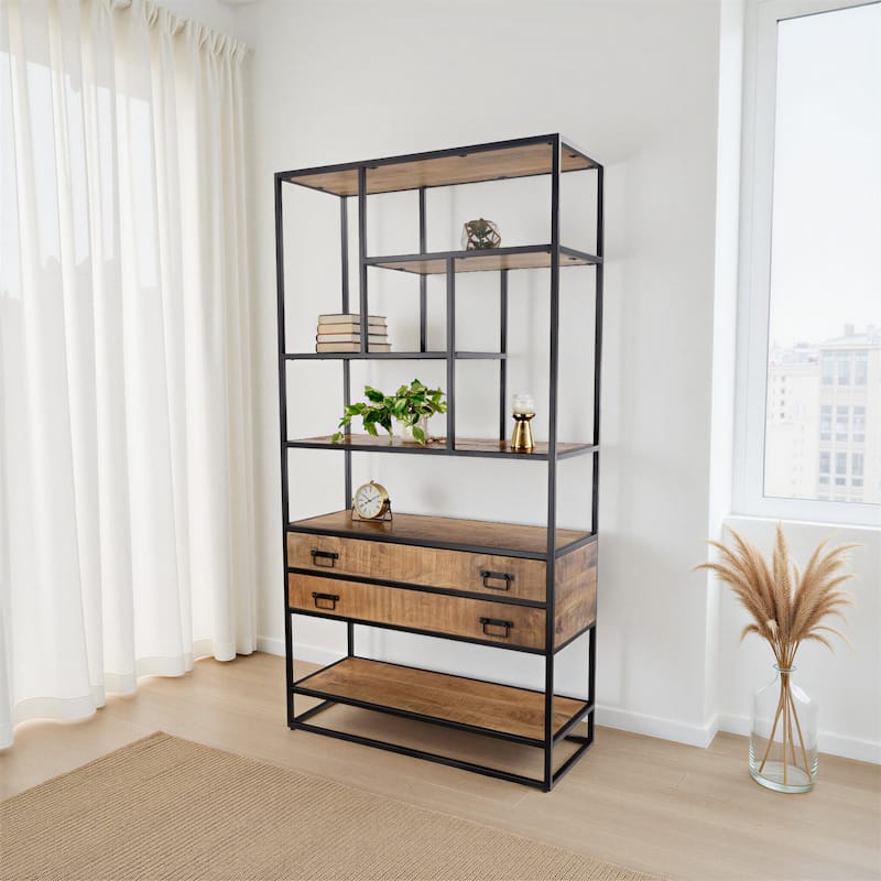 75" Tall Industrial Bookshelf with Drawers Solid Mango Wood