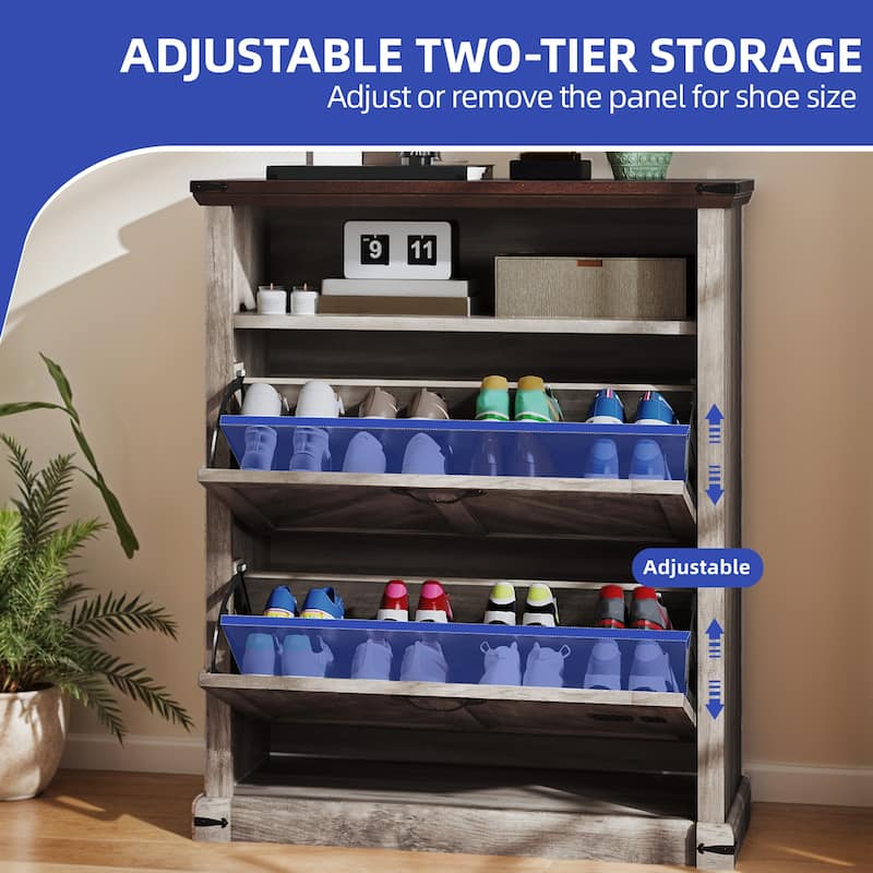 Moasis Farmhouse 16 Pairs Shoe Storage Cabinet with 2 Drawers Adjustable Shelves