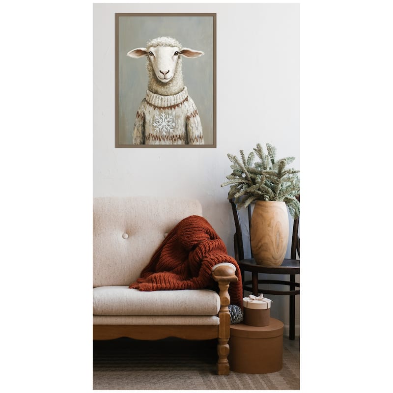 Kate and Laurel Sylvie Framed Canvas Sheep in Winter Snowflake Sweater by The Creative Bunch Studio