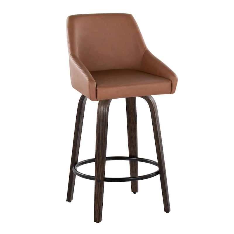 The Gray Barn Hadley 26" Fixed-Height Upholstered Counter Stool with Bent Wood Legs & Round Footrest (Set of 2) - Camel Faux Leather/Glazed Walnut/Black Metal