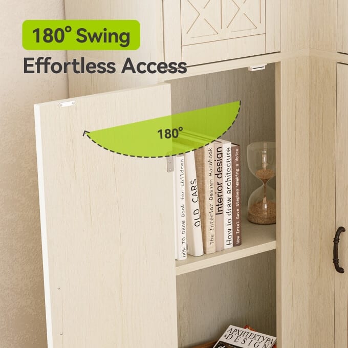 69-Inch L-Shaped Bookcase, White Wooden Corner Cabinet with Doors