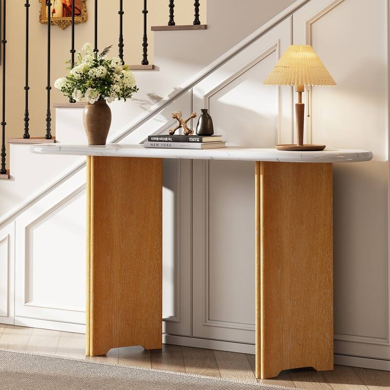 Rustic Sofa Table Narrow Console Table with Oval Faux Marble Top