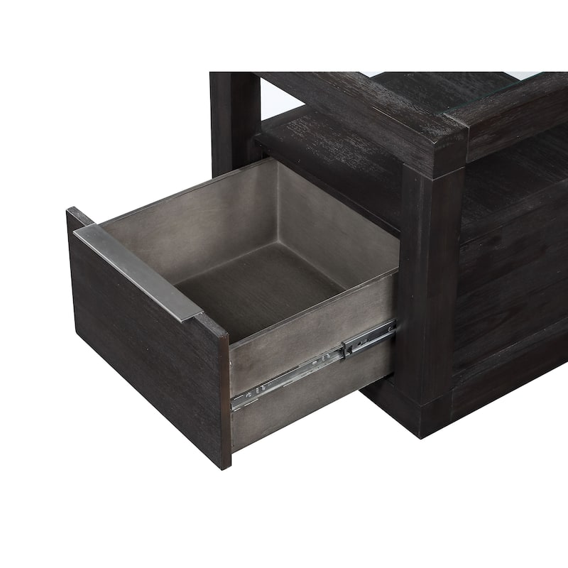 Acacia Wood End Table with Glass Insert Tabletop, Gray