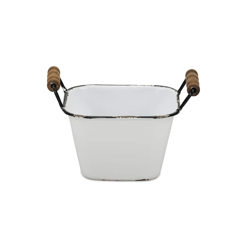 White Metal Lacquered Finish Storage with Side Wood Handles and Black Rim