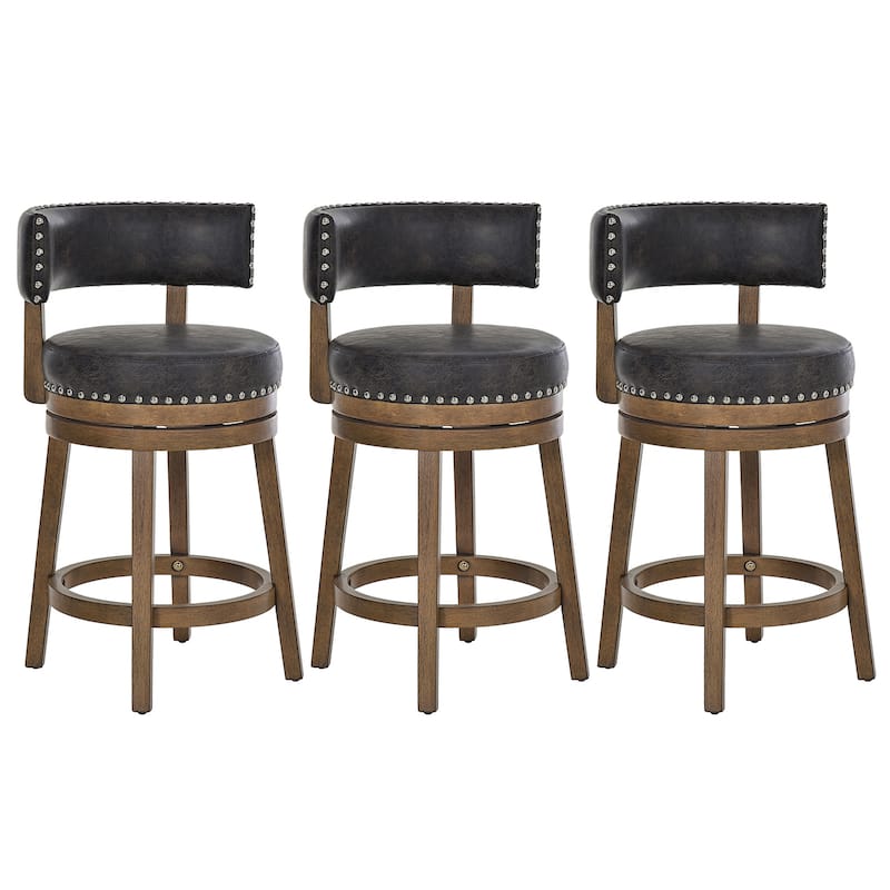Modern Velvet Swivel Bar Stool - 25" or 30" Counter Height with Adjustable Footrest & Walnut Base, for Kitchen Islands - Set of 3 - Dark Brown - Counter Height