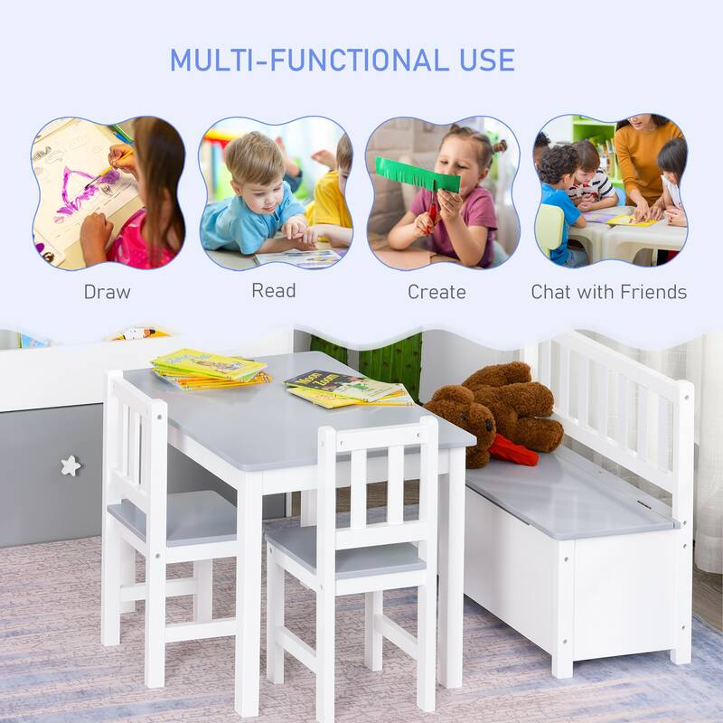 Kids Activity Table Set with Storage Bench and Chairs Pinewood MDF Durable Playroom Furniture for Children Ages 3 and Up
