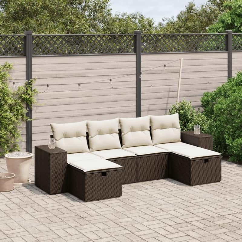 vidaXL Patio Sofa Set with Cushions Outdoor Furniture 6 Piece Poly Rattan - Brown and cream Large
