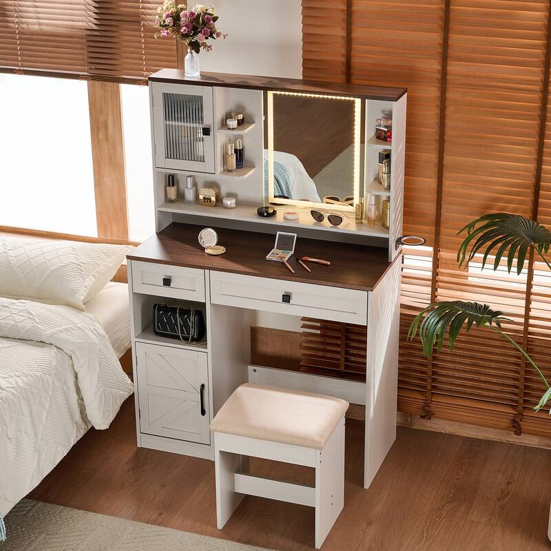 Vanity Desk with Touch Control Light Mirror, Dressing Table Set with Charging Station & Stool, Large Makeup Vanity Table
