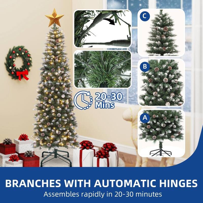 6/7.5 FT Flocked & Frosted Slim Prelit Artificial Hinged Xmas Tree