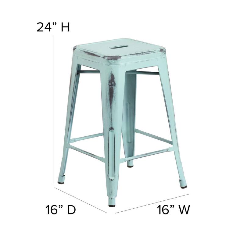 24" High Backless Distressed Metal Indoor-Outdoor Counter Height Stool