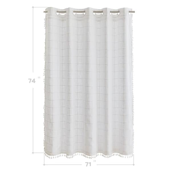dimension image slide 0 of 4, No Hooks Linen Textured Geometric Tassels Shower Curtain with Snap-in Liner