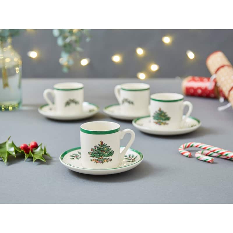 Spode Set of 4 Christmas Tree Espresso Cup and Saucer - 2.25" D x 2.25" H