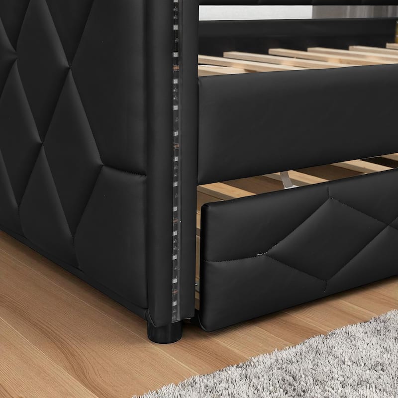 Full XL Upholstered Daybed with Trundle and LED Armrests, PU Leather Sofa Bed with Pull-Out Guest Bed