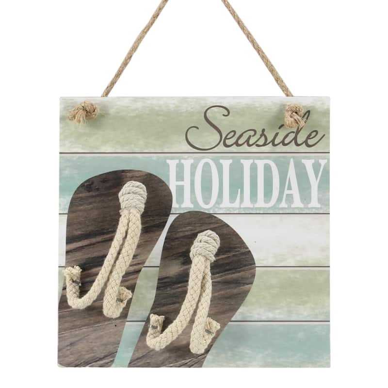 Flip Flop Sandals Seaside Christmas Holiday Slatted Wall Sign - Green,Blue,Brown