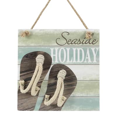 Flip Flop Sandals Seaside Christmas Holiday Slatted Wall Sign - Green,Blue,Brown