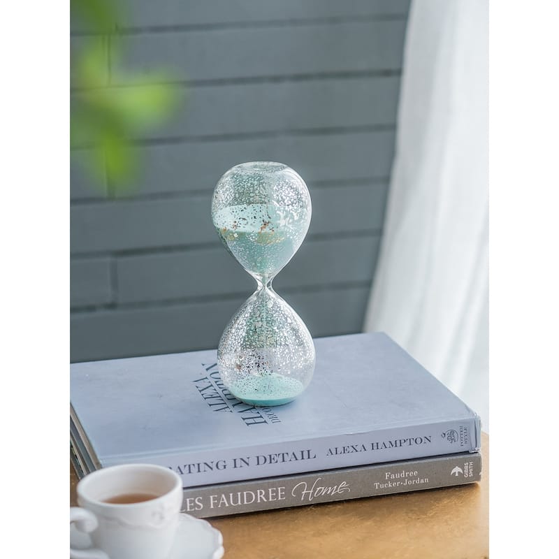 Set of 2, 3.2x3.2x8" Peleus 30-Minute Silvered Hourglass, Jade Sand