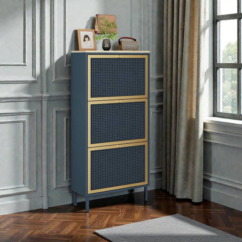 Modern Metal Door Shoe Cabinet with Rattan-Style Panels, Freestanding Shoe Rack Storage for Entryway with Adjustable Shelves