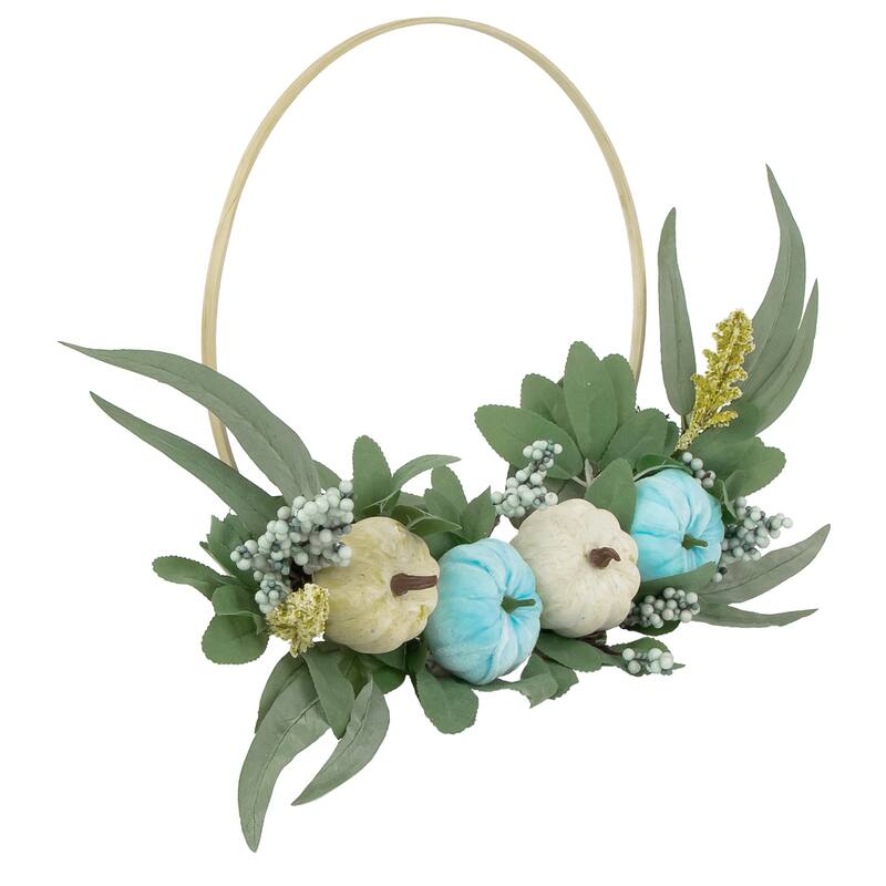 Blue Pumpkins and Foliage Fall Harvest Artificial Half Wreath 20-Inch - 20"