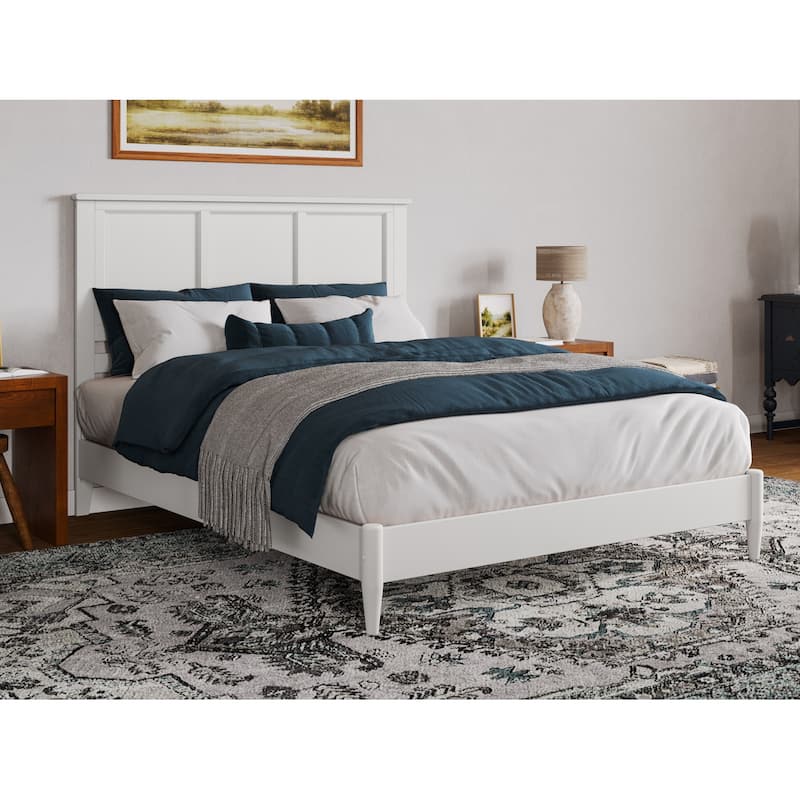 Queen Size Platform Bed - Solid Wood Low Profile Bed Frame with USB Charger - White Finish
