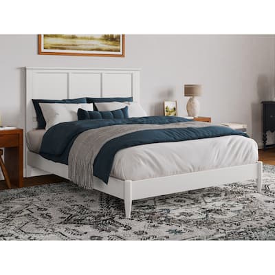 Queen Size Platform Bed - Solid Wood Low Profile Bed Frame with USB Charger - White Finish