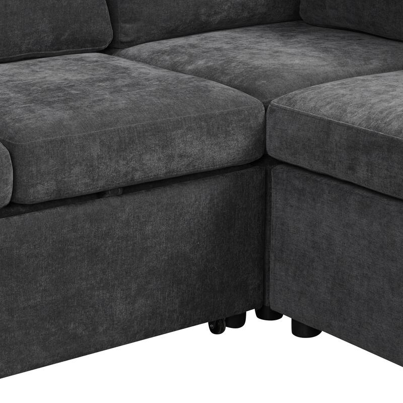 124.8" Chenille L-Shaped Sectional Sofa Bed with USB Ports, Power Sockets and 2 Pillows