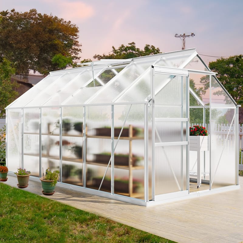 Moasis 6'W X 4/6/8/10/12/16'D Dual-wall PC Walk-in Hobby Greenhouse with Aluminum Frame
