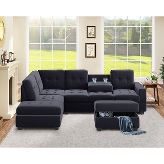 Sectional Sofa with Reversible Chaise, L Shaped Couch Set with Storage Ottoman and 2 Cup Holders