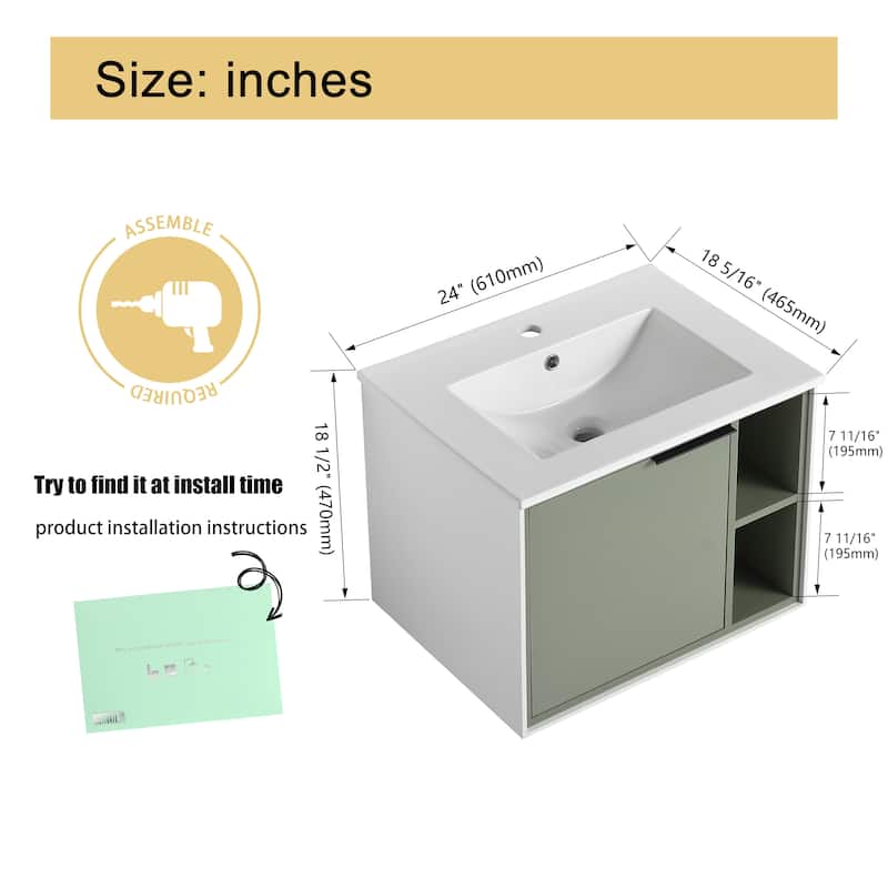 Malwee 24"/30" Floating Bathroom Vanity, Wall Mounted Bathroom Vanity with Ceramic Sink,Soft Close Door and Shelf