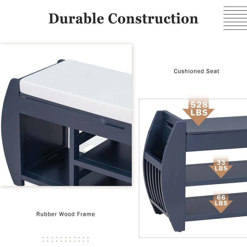 Shoe Bench 2-Tier Storage Bench with Cushion & Curved Side Holder, Wooden Panel Shoe Rack Organizer for Entryway, Living Room