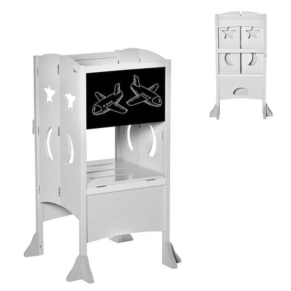 slide 2 of 5, Kids Kitchen Step Stool Foldable Child Standing Tower with Chalkboard. Lockable Handrail for Children 3-6 Years Old, Grey - Gray Gray