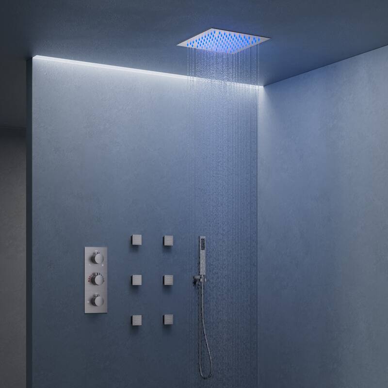 Thermostatic Rainfall Shower System,12 Inch 64-Color LED Mood Lighting Shower Faucet Set with 6 Body Jets