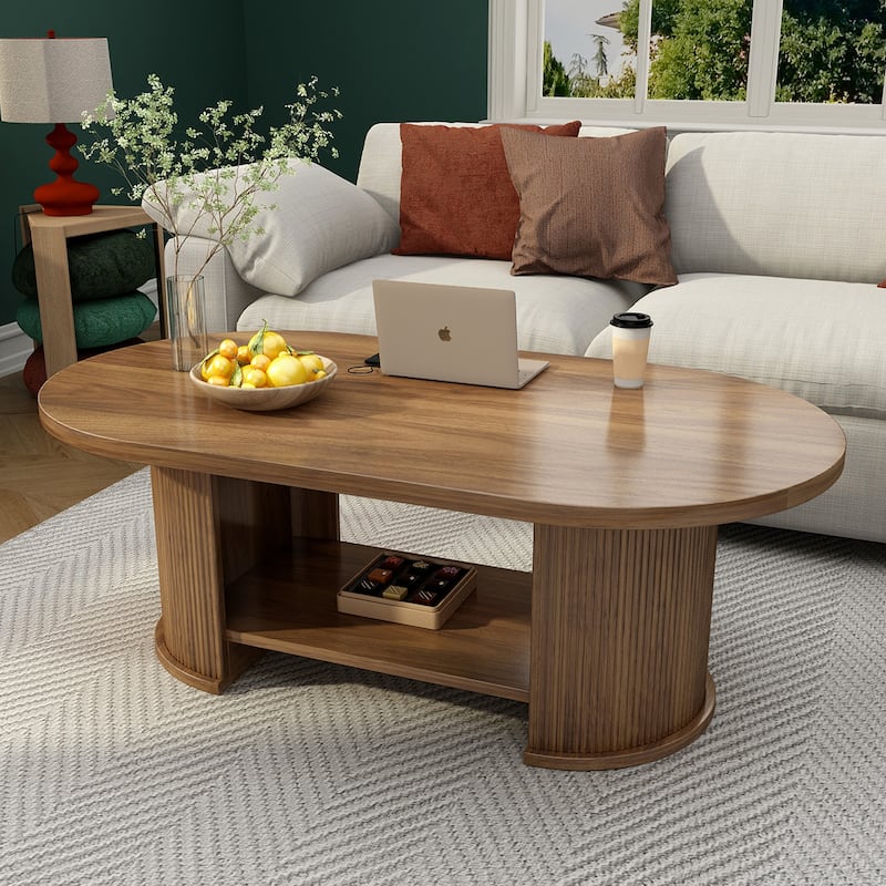 47" Oval Fluted Coffee Table with Storage Shelf, Farmhouse Mid-Century Dual Base Center Table