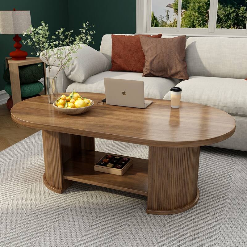 47" Oval Fluted Farmhouse Wood Coffee Table, Mid-Century 2-Tier with Storage, Walnut