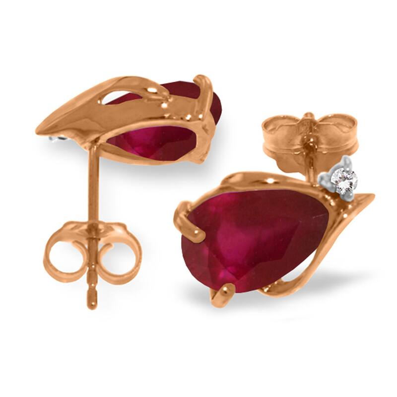 14K Solid Gold Studs Gemstone Earrings Natural Diamond & Ruby