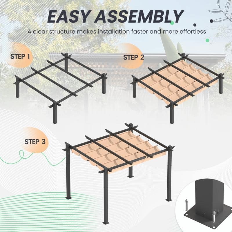 EROMMY 10' x 13' Outdoor Pergola with Retractable Canopy, Heavy-Duty Metal Frame and Adjustable Patio Shade Roof
