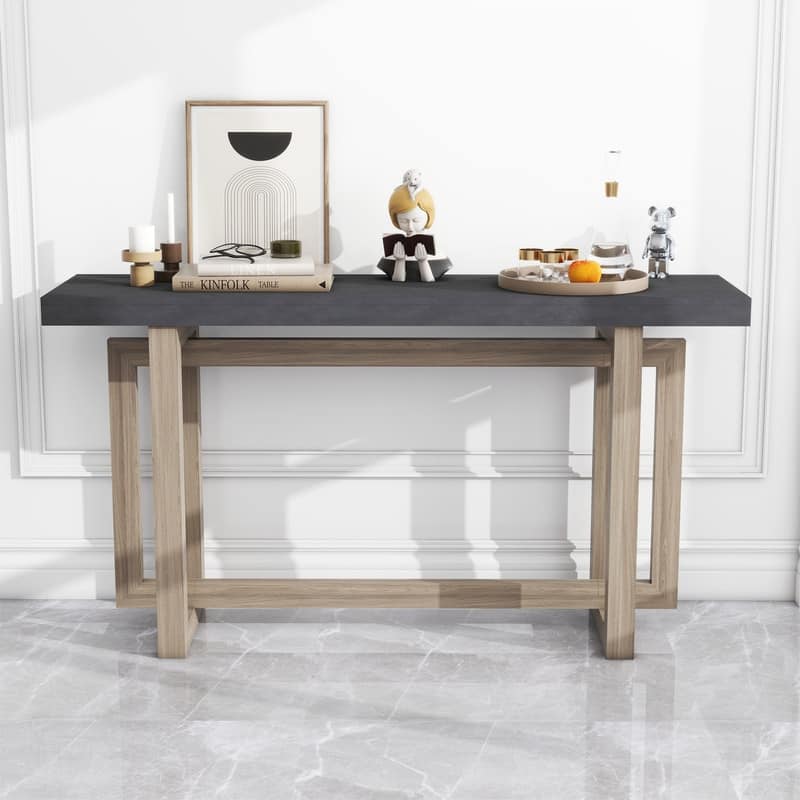 Modern Entryway Console Table with Industrial-inspired Concrete Wood Top, Hallway Foyer Sofa Long Table Entryway Table