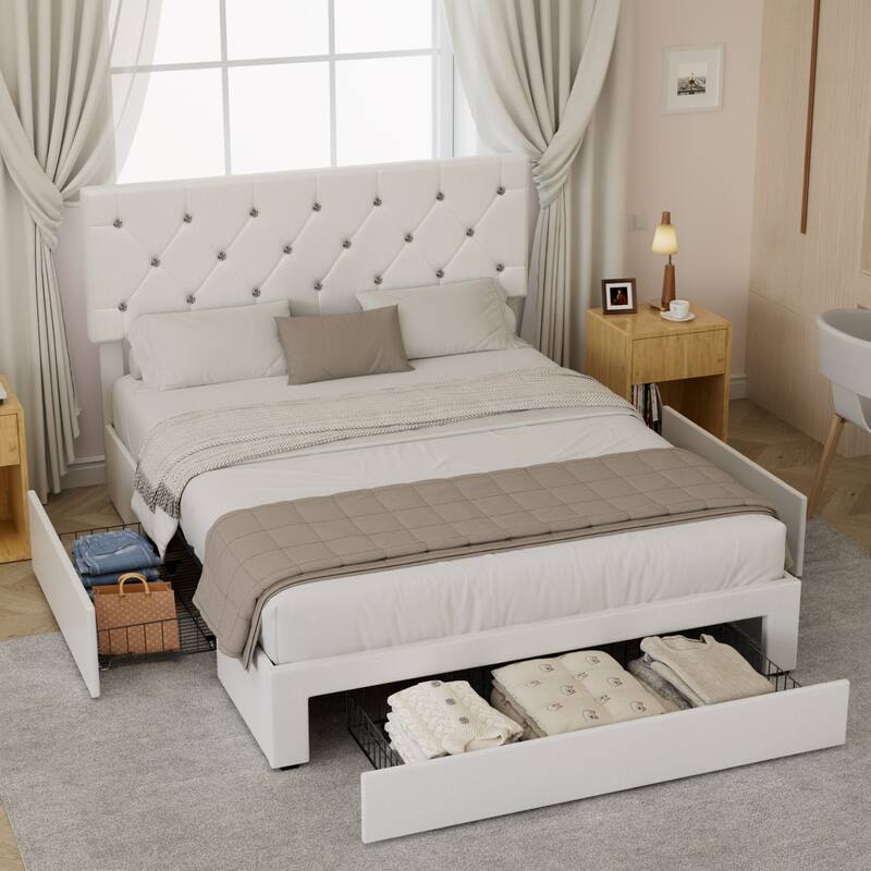 VECELO Bed Frame with Storage Drawers, Leather Upholstered with Diamond Tufted Headboard, Solid Wood Slat Support - White - Full