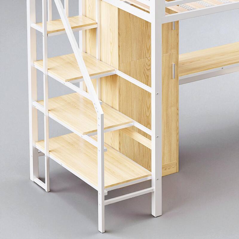 Metal Twin Loft Bed with Desk, Wardrobe, Shelf, and Storage Staircase, No Box Spring Needed