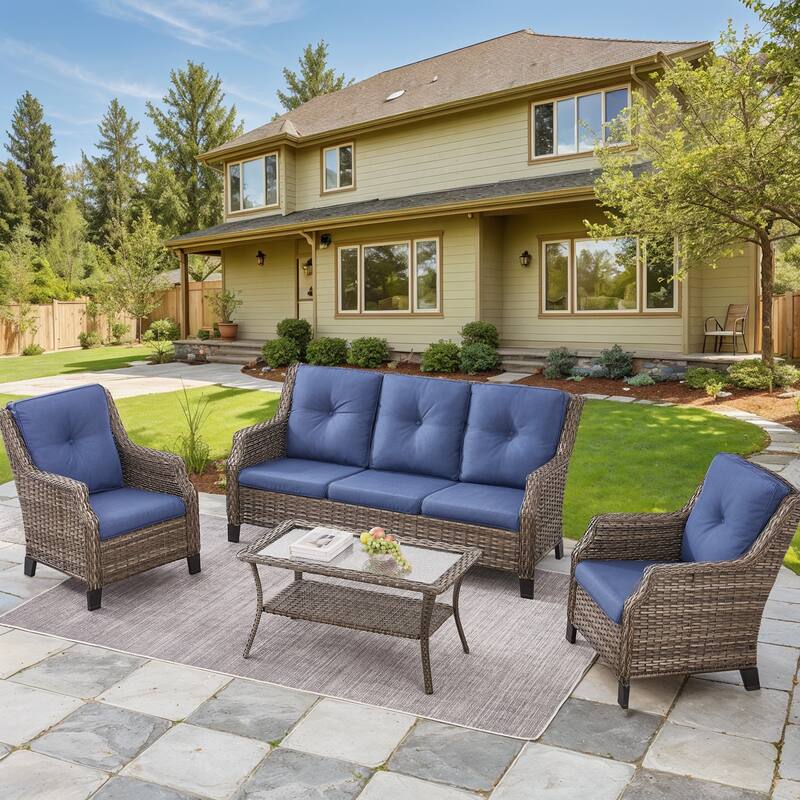 Gymojoy Outdoor Wicker Chairs and Sofa with Table - Grey - Grey - Blue