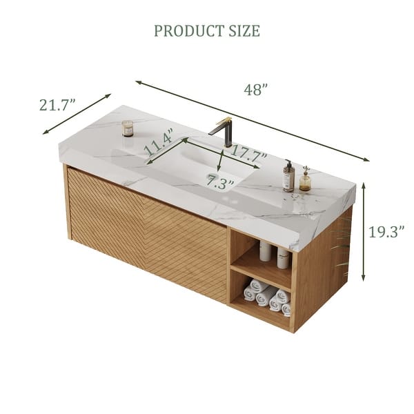 dimension image slide 4 of 10, 48" Modern Floating Single Bathroom Vanities with Sink, Brown or Natural wood, 2 Drawers