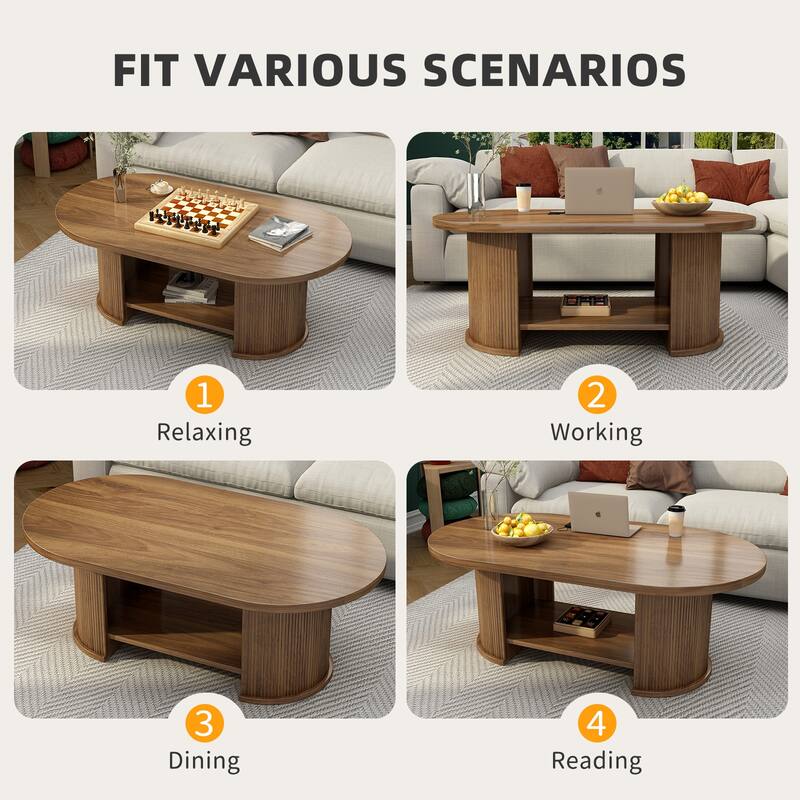 47" Oval Fluted Coffee Table with Storage Shelf, Farmhouse Mid-Century Dual Base Center Table