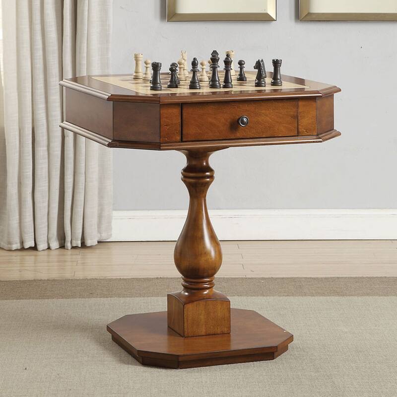 Square Cherry Wood Game Table with Pedestal Base - N/A