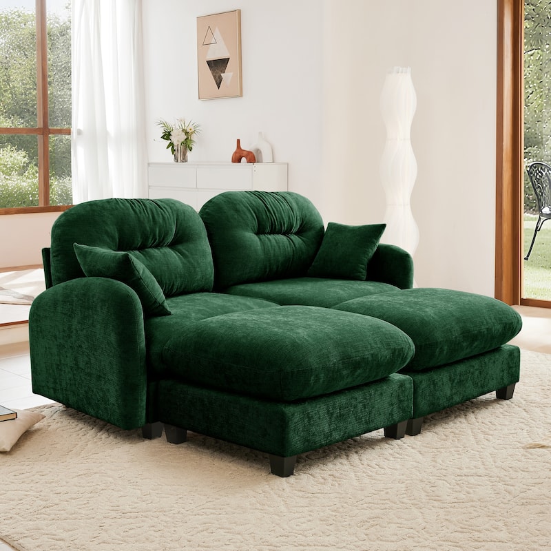 2 Seat Chenille Sofa Round Arms Sectional Sofa, Modern 74" Tufted Back Couch with Ottoman for Lving Room, Small Space
