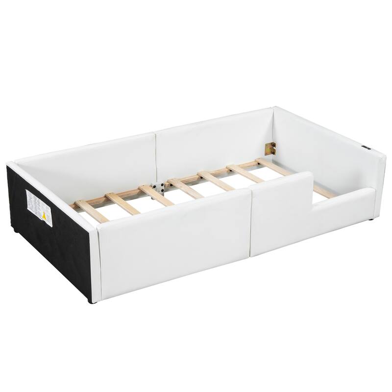 White Twin Size Upholstered Platform Bed with Guardrail and Charging Station