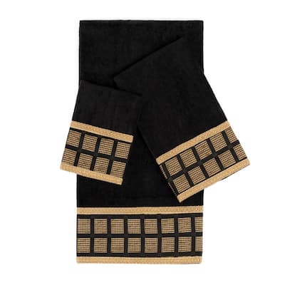 Sherry Kline Scholar Black 3-piece Decorative Towel Set Jacquard Fabric Band, double row of gimp braid 1 Bath Hand & Tip Towel