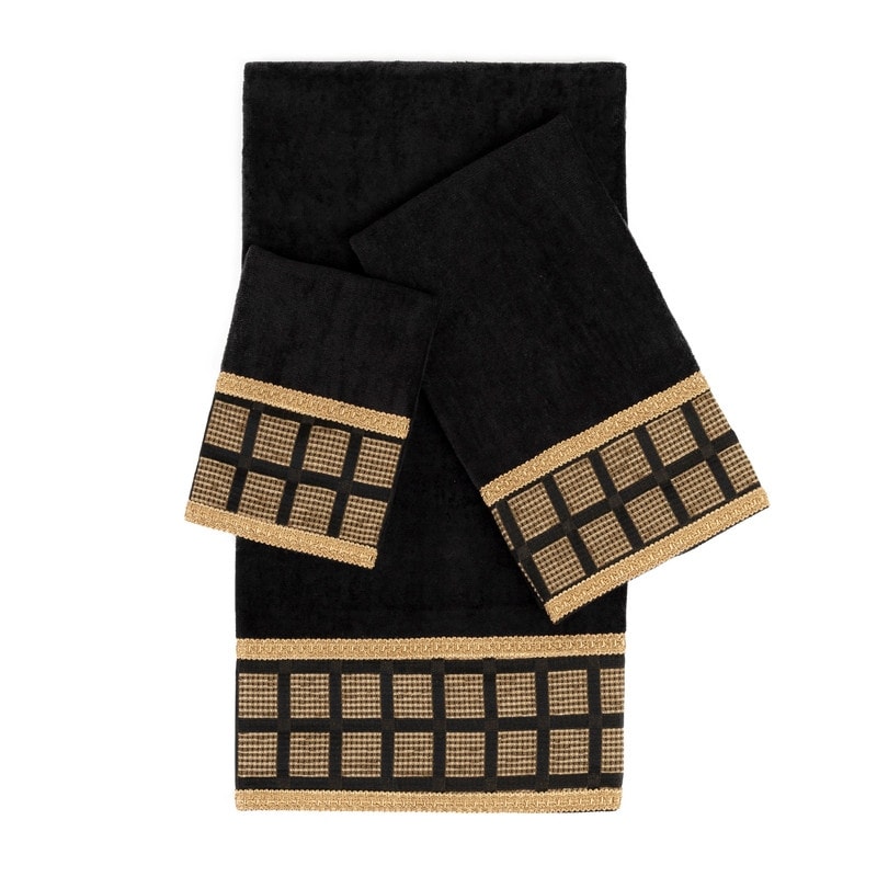 Sherry Kline Scholar Black 3-piece Decorative Towel Set Jacquard Fabric Band, double row of gimp braid 1 Bath Hand & Tip Towel