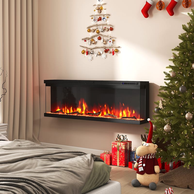 Black 3-Sided Electric Fireplace with Remote and Panoramic Tempered Glass Flames 5000 BTU Heater