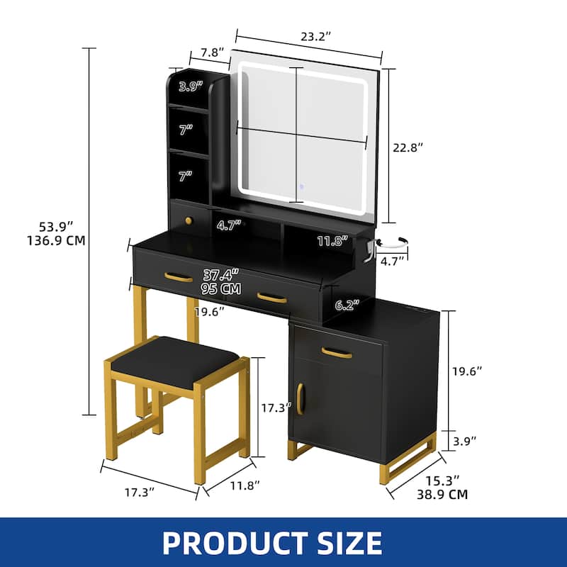 Vanity Desk Makeup Table Light Strip Mirror Dressing - 35.4"L x 15.7"W x 53.5"H