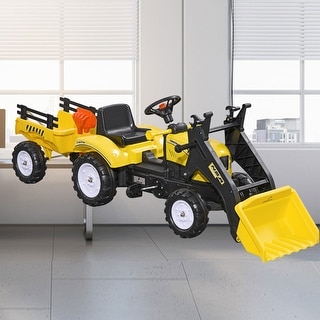 Pedal-Powered Kids Ride-On Excavator with Working Dirt Bucket, Detachable Trailer, 6 Wheels, and Sturdy Metal Frame - Yellow