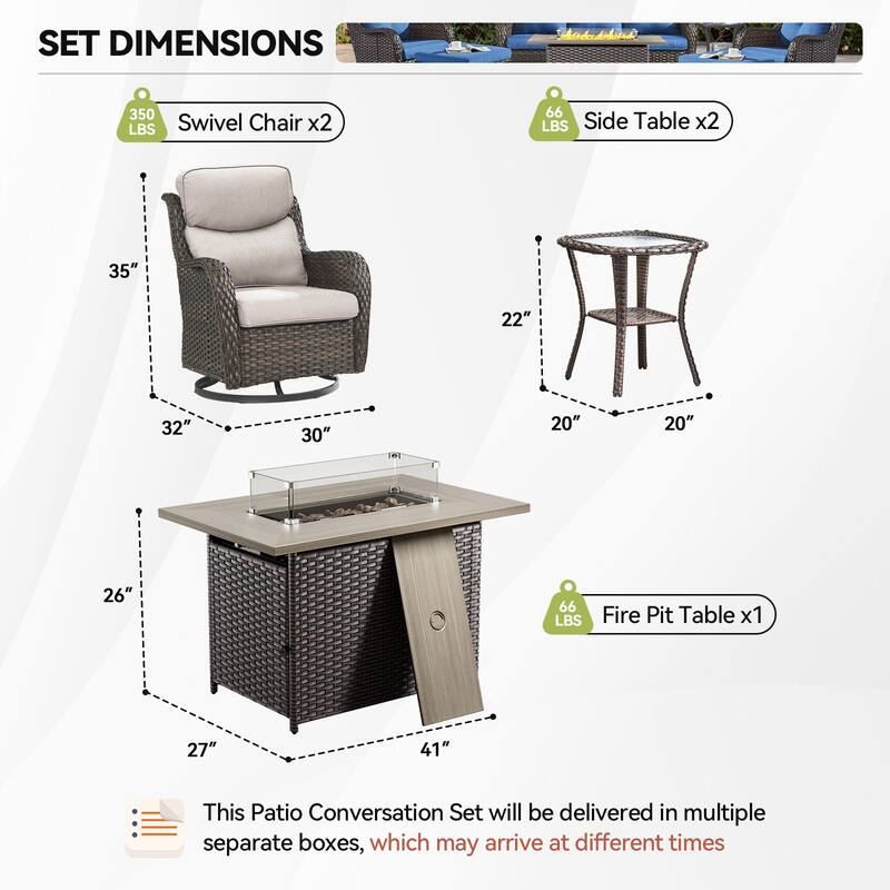 7 Pieces Outdoor Swivel Chairs Fire Pit Table with 5-Inch Thick Cushions